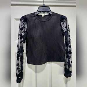 Black blouse floral print contrast mesh long sleeve